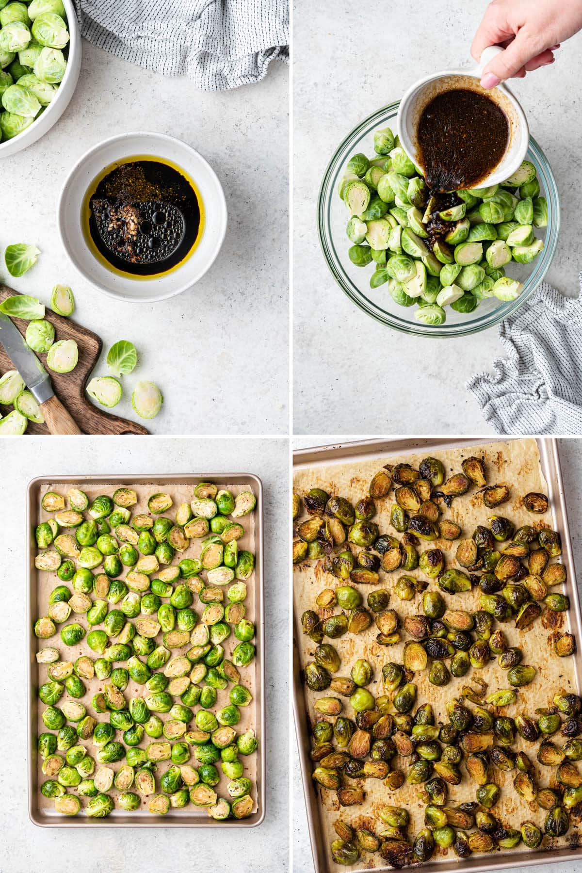 Four photos showing the steps to make Balsamic Roasted Brussels Sprouts: whisking balsamic, pouring over brussels, and then roasting them on a sheet pan.