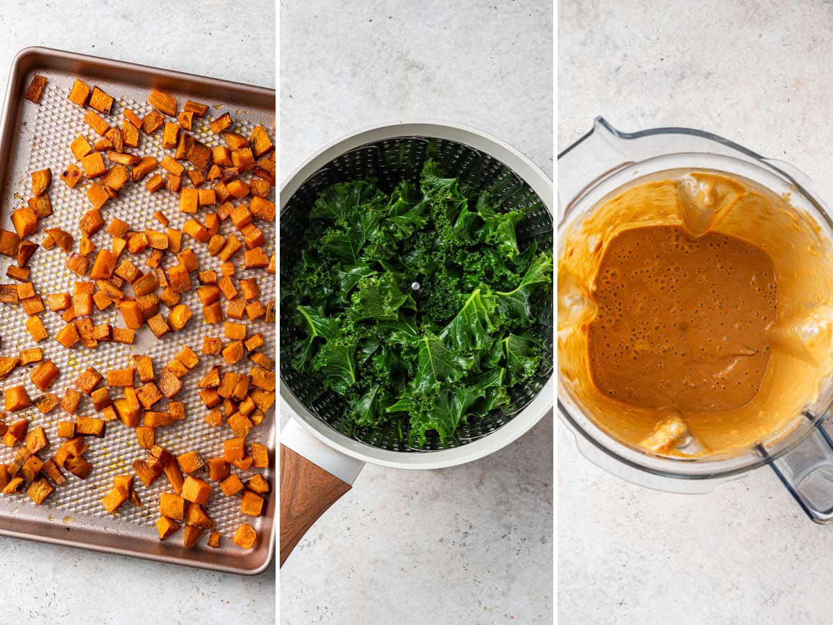 Collage of three photos: roasted sweet potatoes, steamed kale and peanut sauce in a blender.