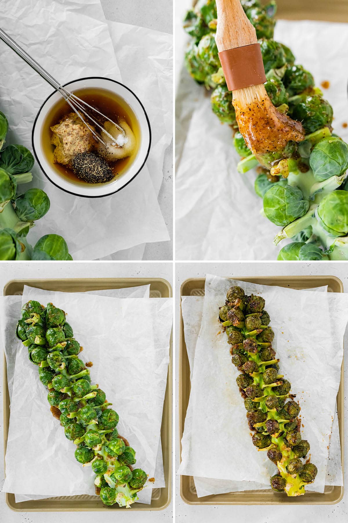 Four photos showing the steps to make Brussels Sprouts on the Stalk: making honey mustard to brush on the stalk, and then roasting.