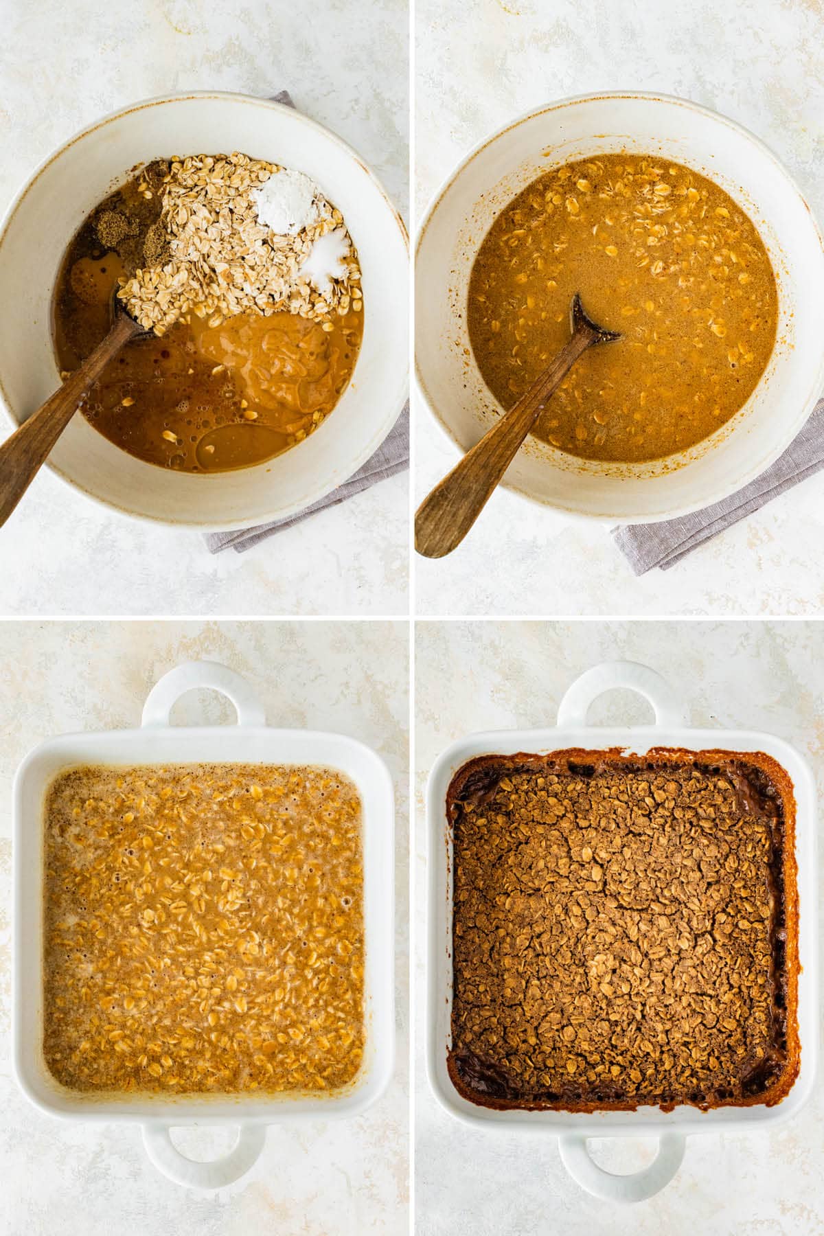 Collage of four photos showing the steps to make Coffee Baked Oatmeal: mixing the batter and then baking.