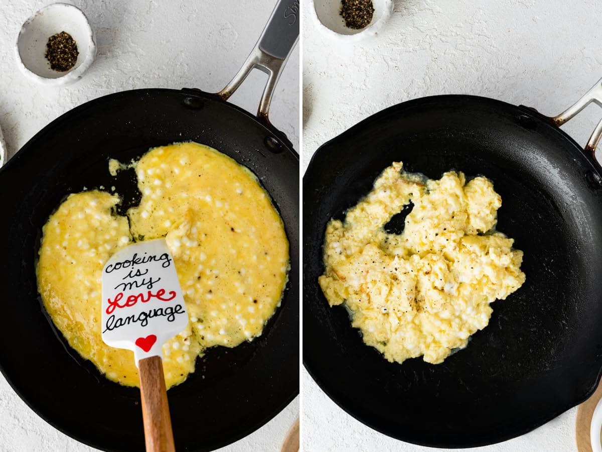 Side by side photos of a skillet with eggs and cottage cheese being scambled and cooked.