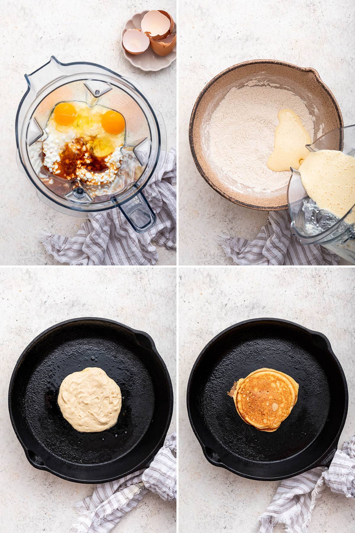 Four photos showing the steps to make Cottage Cheese Pancakes: mixing batter and then cooking pancakes in skillet.