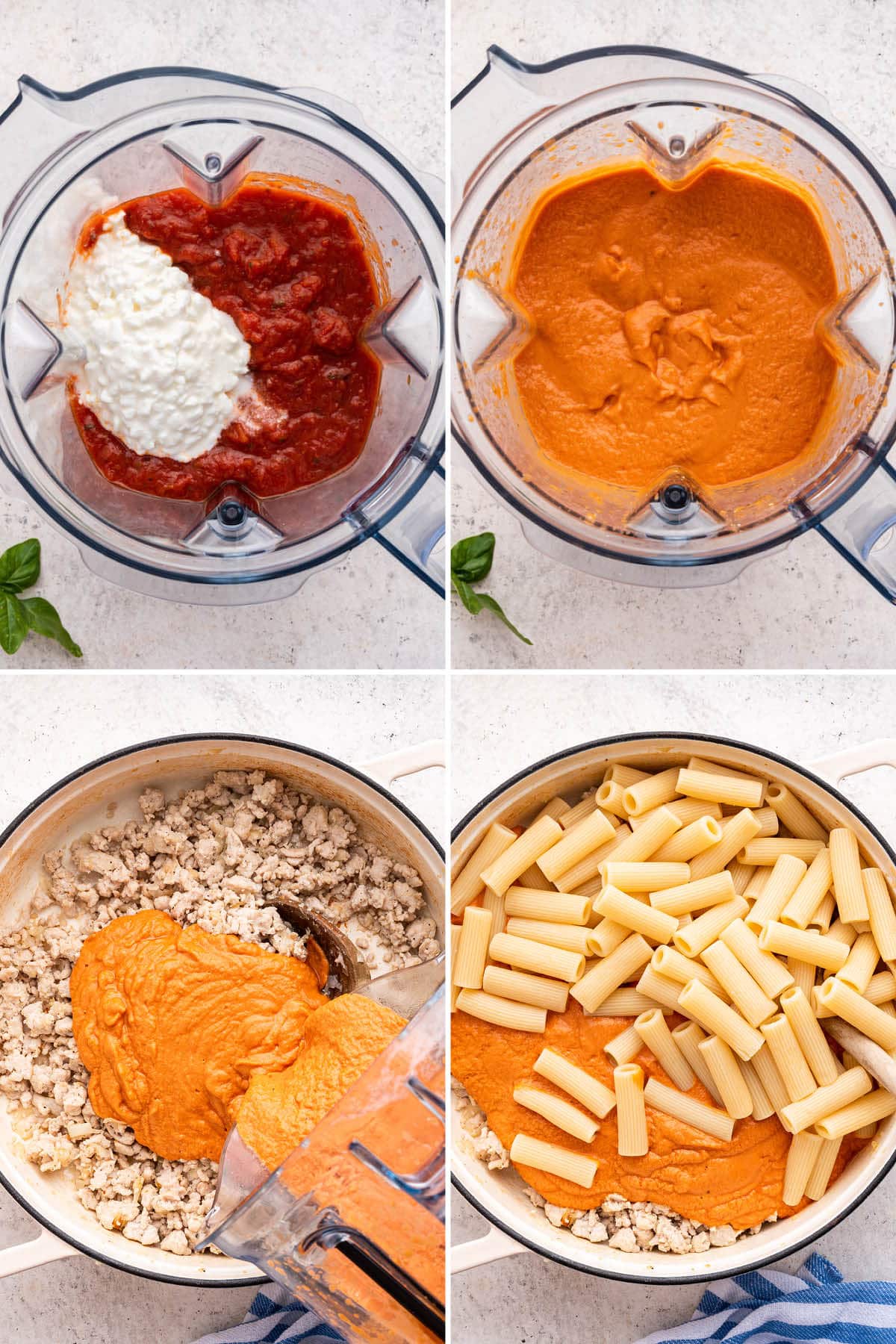 Collage of four photos showing to steps to make Creamy Cottage Cheese Pasta: blending marinara and cottage cheese together, and then pouring into a pot with ground turkey and pasta.