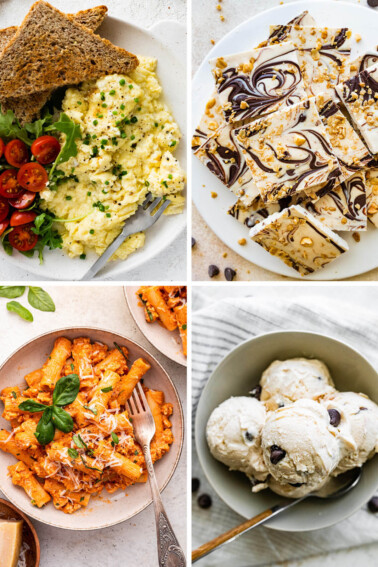 Collage photos of cottage cheese scrambled eggs, cottage cheese bark, cottage cheese pasta and cottage cheese ice cream.