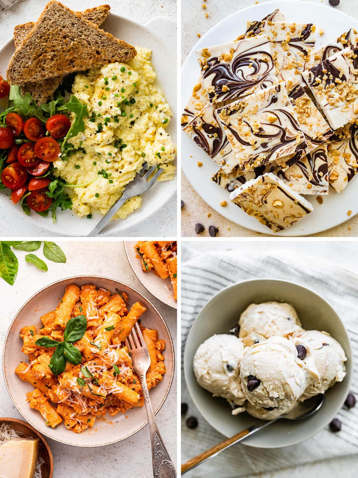 Collage photos of cottage cheese scrambled eggs, cottage cheese bark, cottage cheese pasta and cottage cheese ice cream.