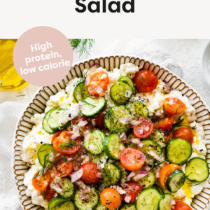 Cottage Cheese Salad in a bowl topped with tomato, cucumber and red onion.