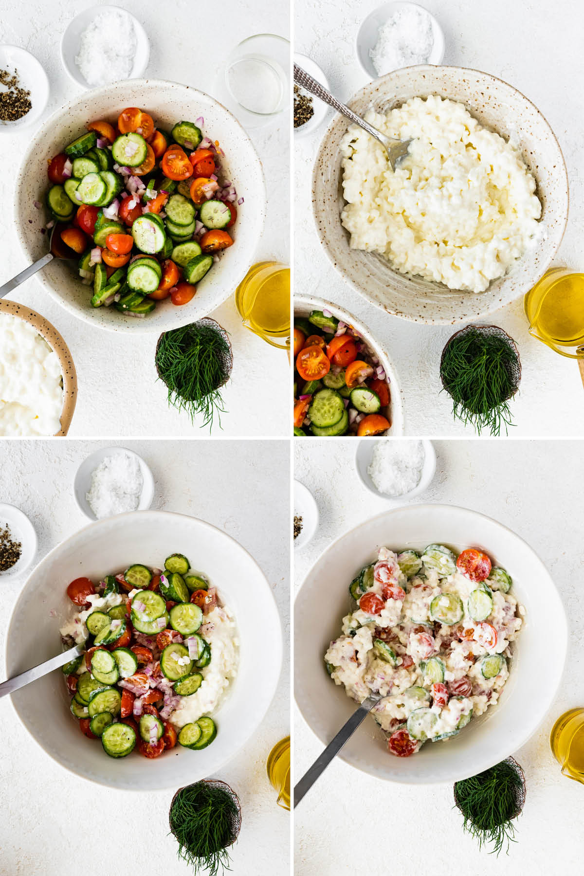 Collage of four photos showing the steps to make Cottage Cheese Salad: mixing the tomatoes and cucumber, and then with the cottage cheese.