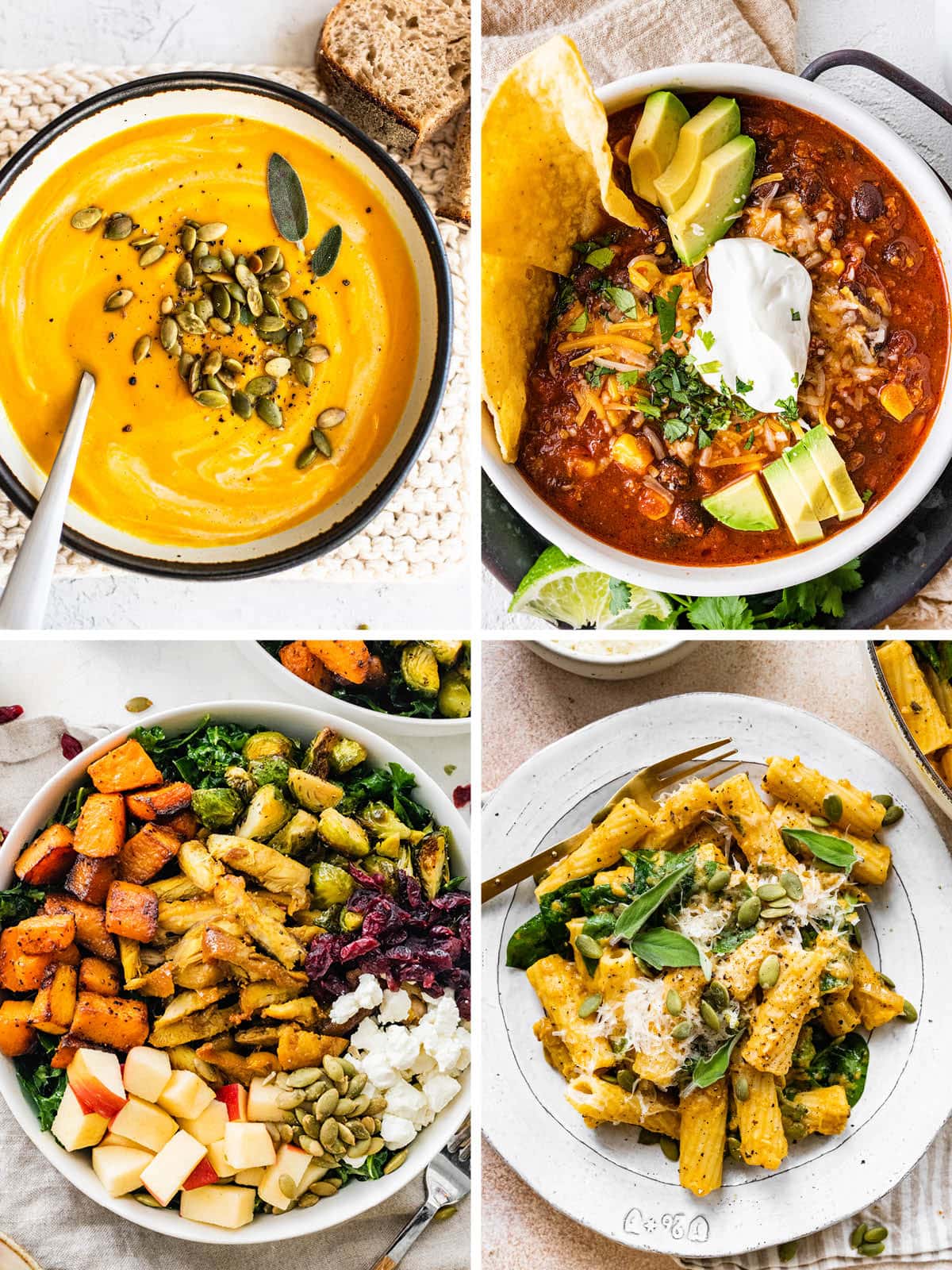 Collage of four photos: butternut squash soup, turkey chili, harvest bowl and pumpkin pasta.