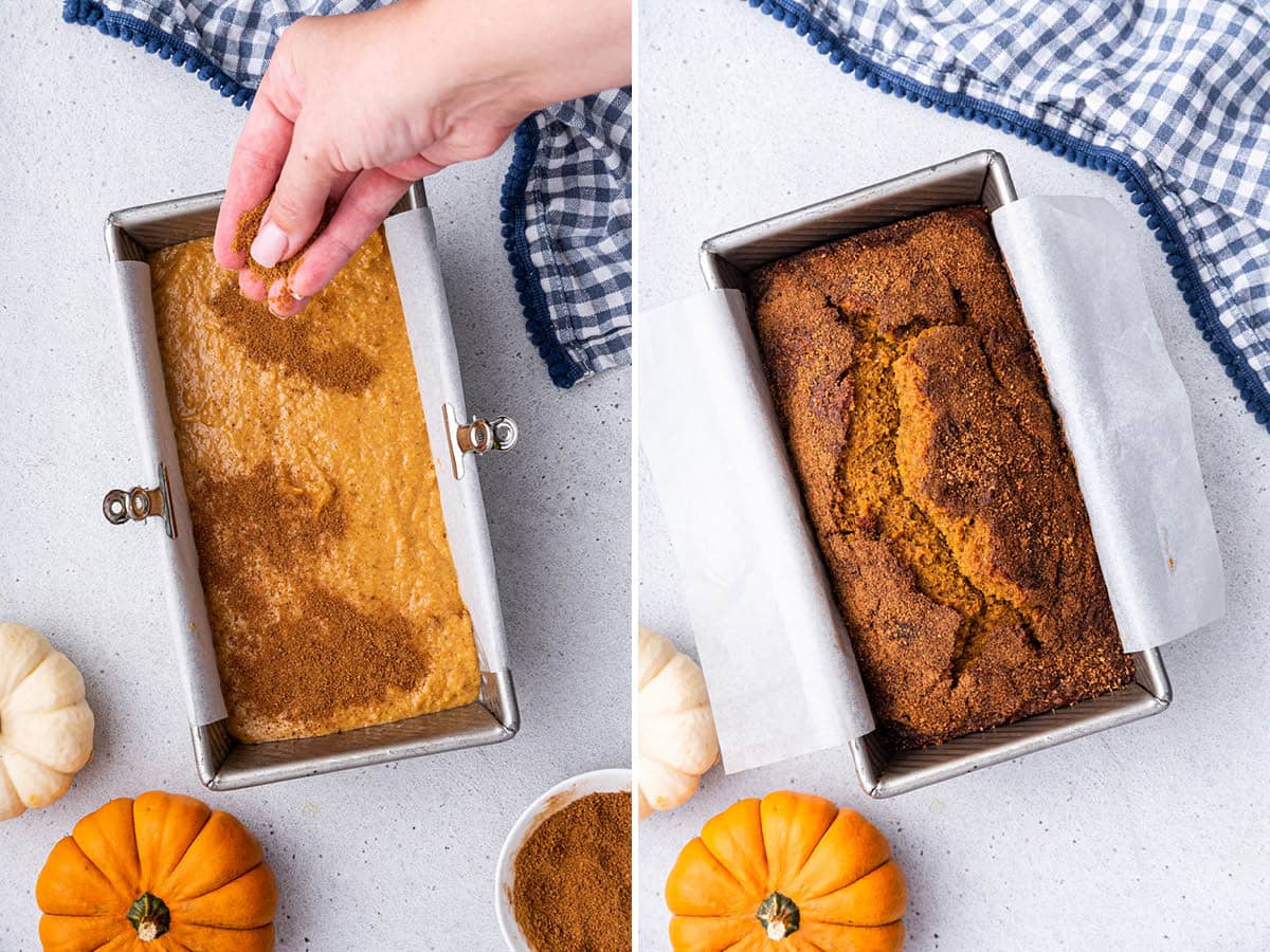 Side by side photos of Healthy Pumpkin Bread in a pan, before and after being baked. Topped with cinnamon coconut sugar.