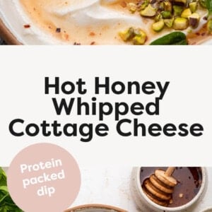 Hot Honey Whipped Cottage Cheese topped with basil, hot honey and pistachios and served with pita chips.
