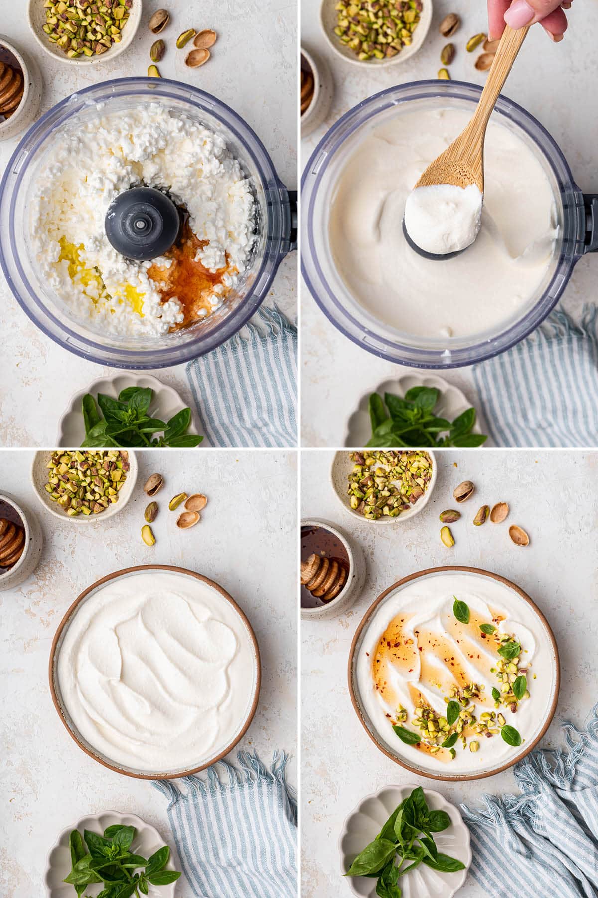Collage of four photos showing the steps to make and serve Hot Honey Whipped Cottage Cheese: whipping the cottage cheese, hot honey and olive oil in a food processor, and adding to a bowl topped with hot honey, basil, pistachios and olive oil.