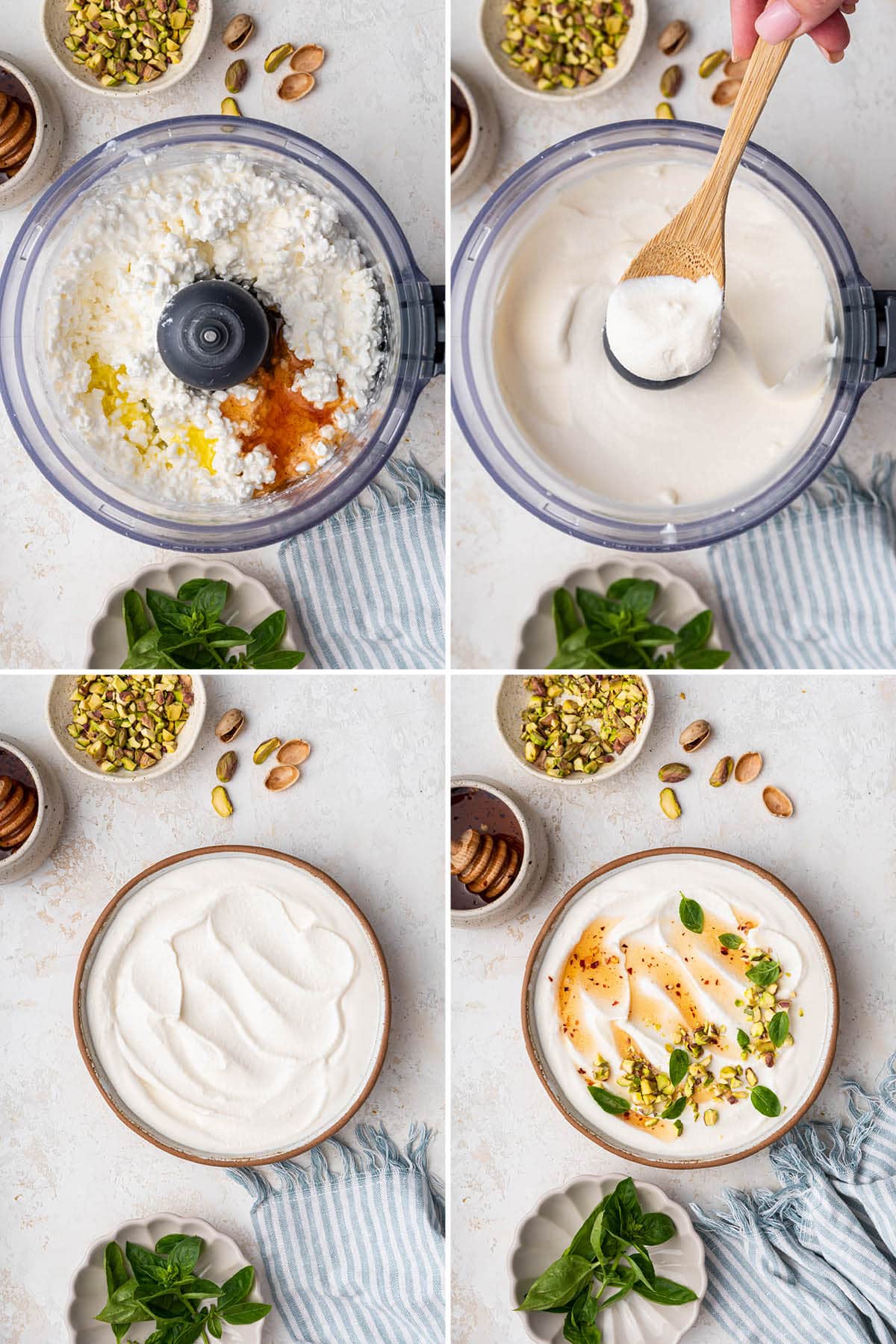 Collage of four photos showing the steps to make and serve Hot Honey Whipped Cottage Cheese: whipping the cottage cheese, hot honey and olive oil in a food processor, and adding to a bowl topped with hot honey, basil, pistachios and olive oil.