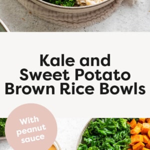 Bowls of brown rice, roasted sweet potato, chickpeas and kale, topped with peanut sauce.