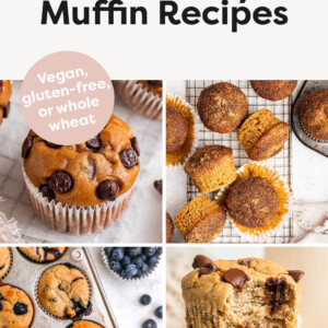 Collage of four muffin photos: protein muffins, sweet potato muffins, blueberry yogurt muffins and banana blender muffins.