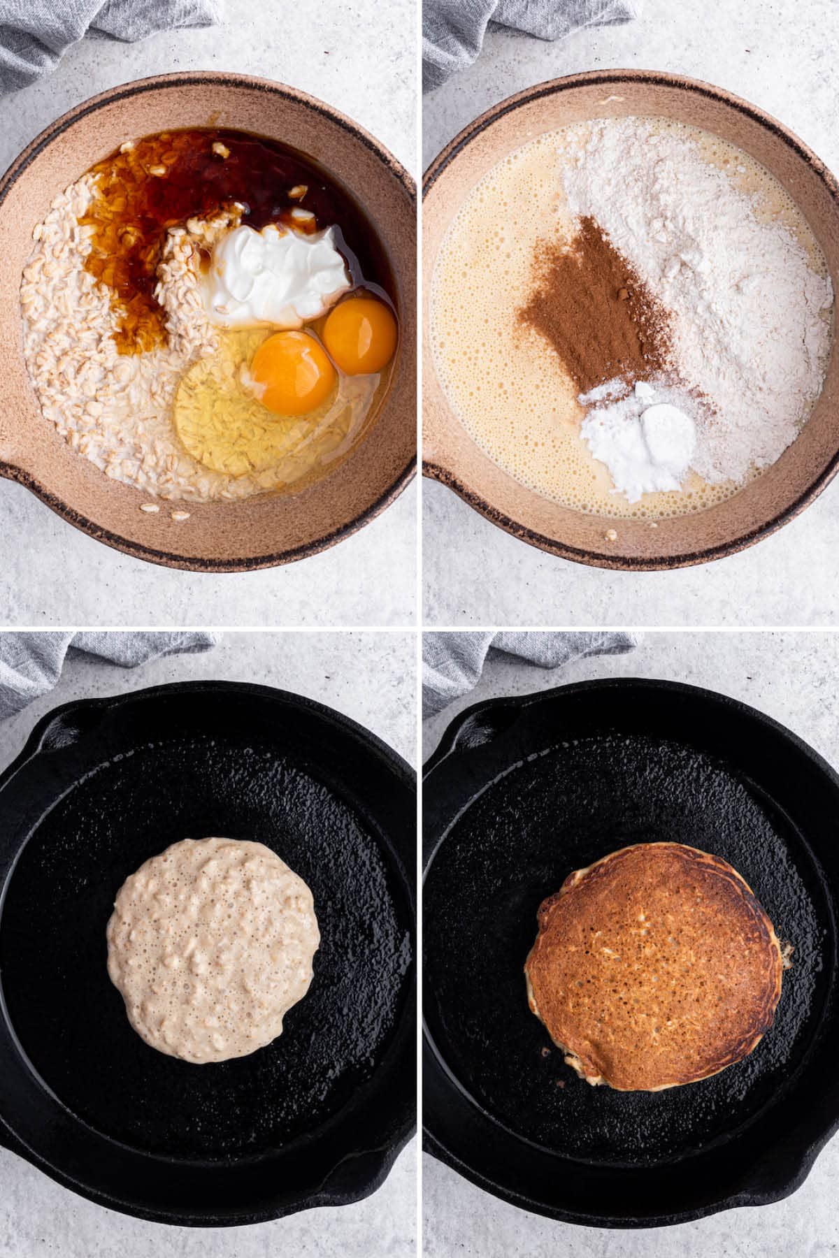 Collage of four photos showing the steps to make Overnight Oatmeal Pancakes: mixing the batter and then frying in a pan.
