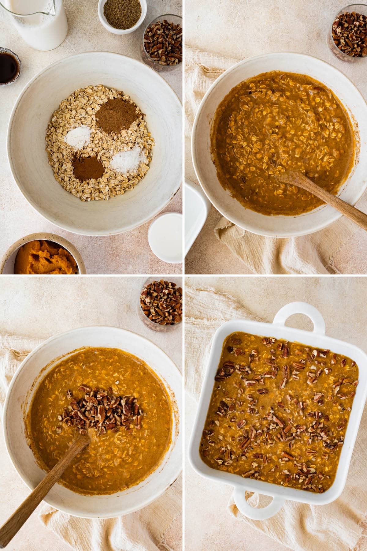 Collage of four photos showing the steps to make Pumpkin Baked Oatmeal: mixing the dry and wet ingredients, adding pecans and then pouring into a baking dish and topping with more pecans.