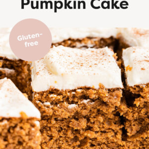 Slices of Healthy Pumpkin Cake topped with cream cheese frosting.