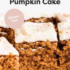 Slices of Healthy Pumpkin Cake topped with cream cheese frosting.