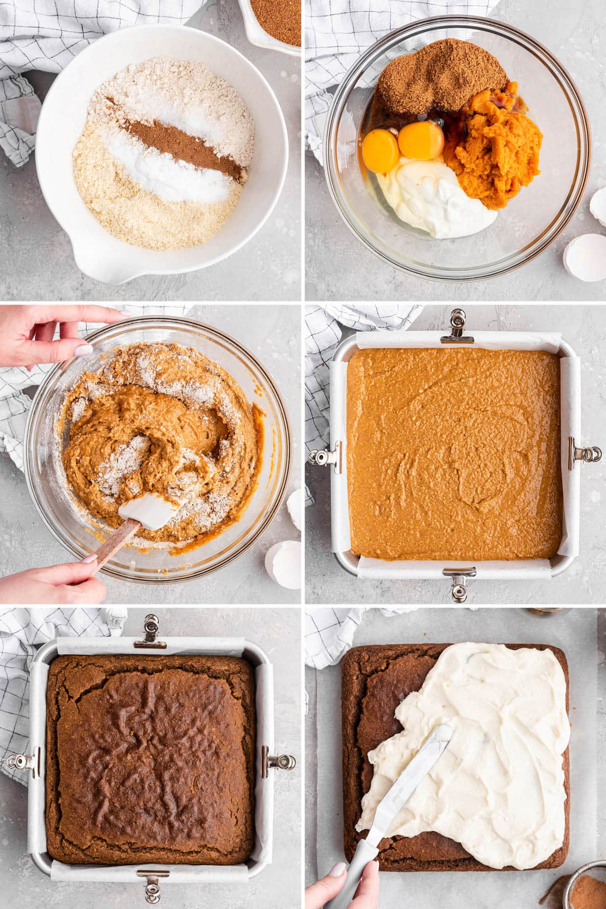 Collage of six photos showing the steps to make Healthy Pumpkin Cake: mixing the batter, baking in a pan and then topping with cream cheese frosting.