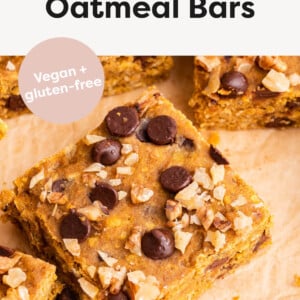 Pumpkin oatmeal bar topped with walnuts and chocolate chips.