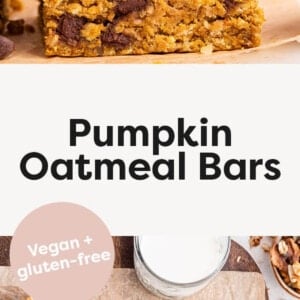 Stack of three pumpkin oatmeal bar topped with walnuts and chocolate chips. Photo below is of the pumpkin bars on parchment paper.