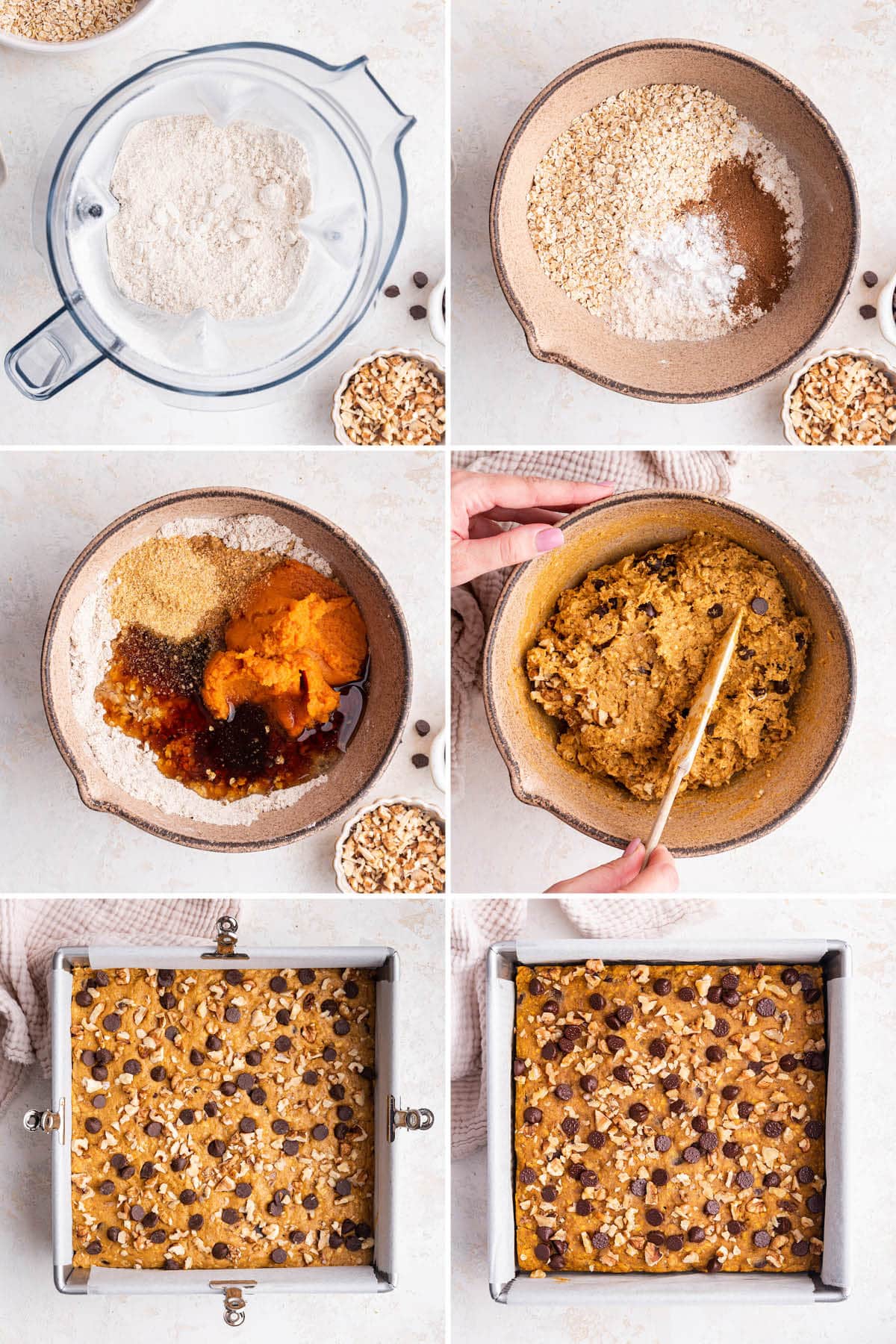 Six photos showing the steps to make Pumpkin Oatmeal Bars-- mixing the batter and then baking in a pan.