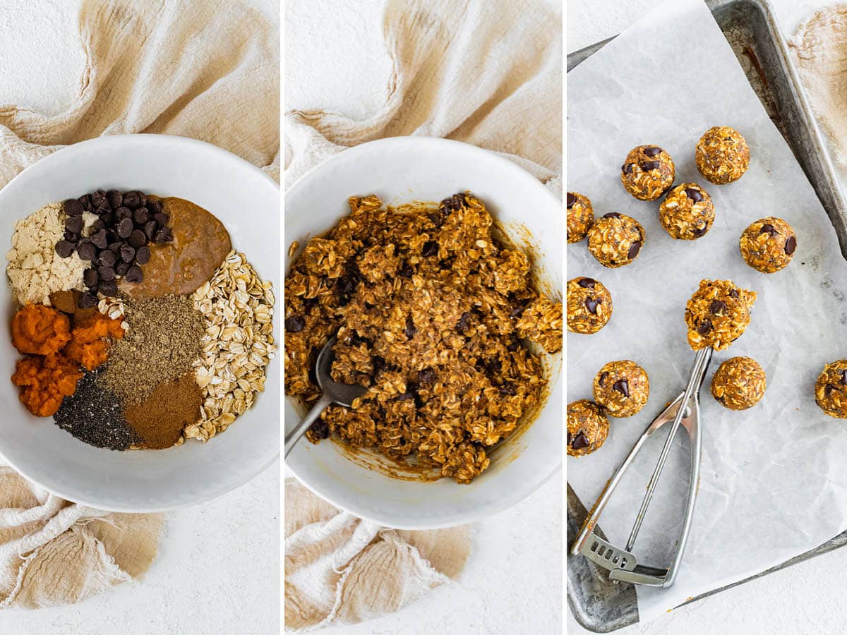 Three photos showing how to make Pumpkin Protein Balls: mixing oats, pumpkin, seeds and protein powder and then rolling into balls with a cookie scoop.
