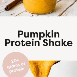 Pumpkin Protein Shake in a jar topped with whipped cream. Photo below is a blender pouring the shake into the glass jar.