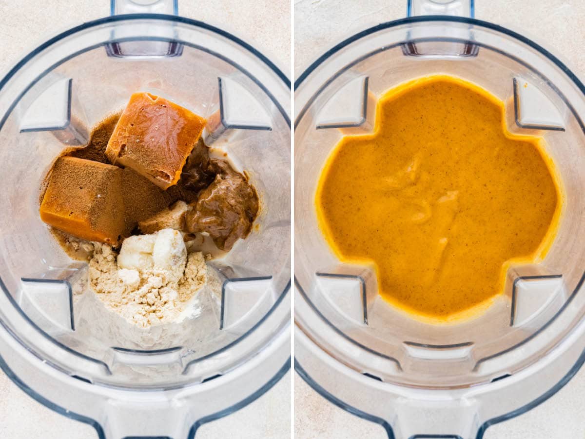 Side by side photos of a blender with the ingredients before and after being blended to make Pumpkin Protein Shake.