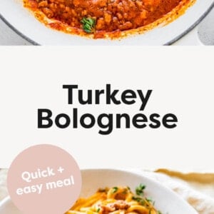 Pot of Turkey Bolognese sauce, and photo below of Turkey Bolognese and spaghetti on a plate.