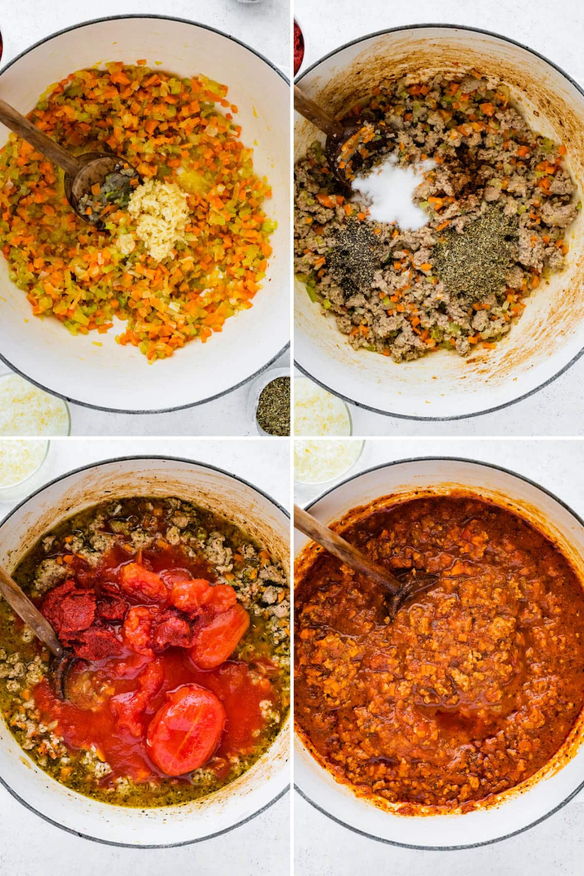 Collage of four photos showing the steps to make Turkey Bolognese: cooking the veggies, cooking the ground turkey, and then cooking the canned tomatoes.