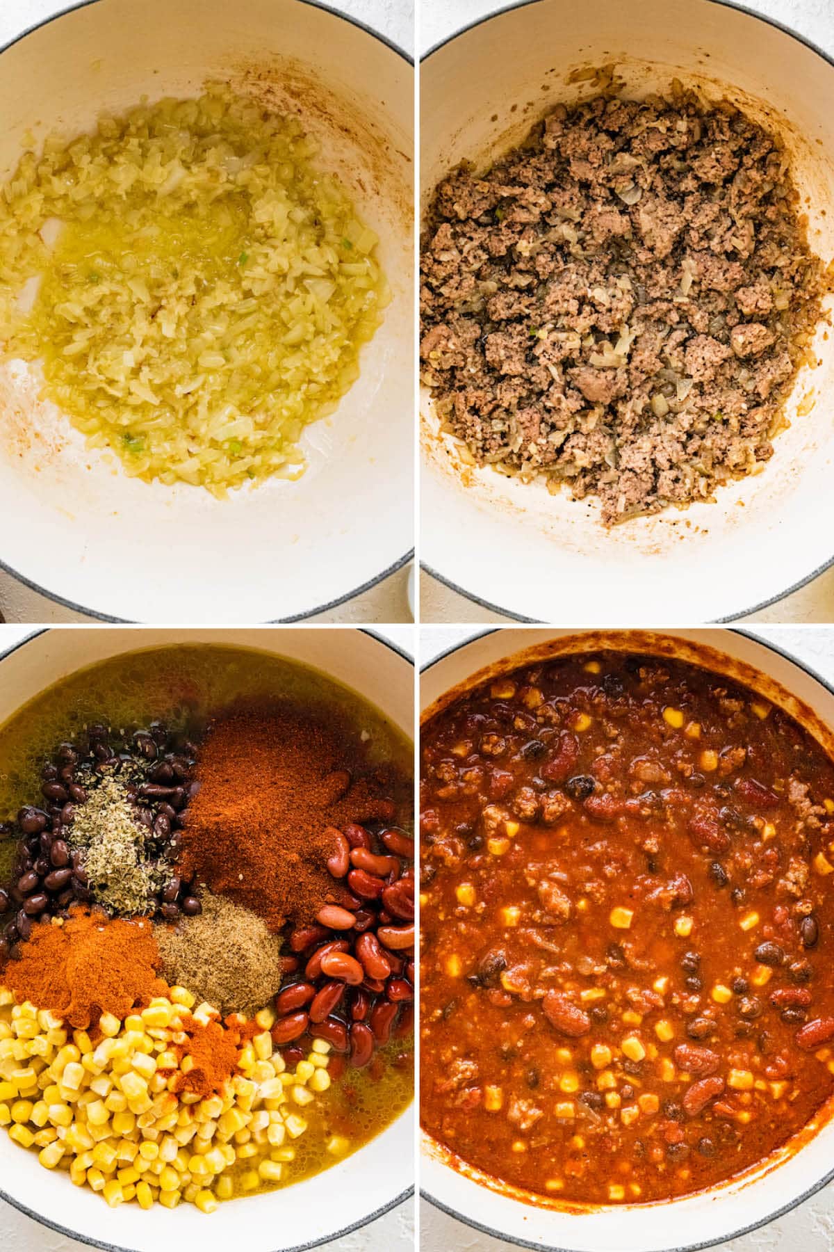 Collage of four photos showing the process to making Turkey Chili in a pot. Cooking the onion, turkey, adding the broth, tomatoes, spices and beans, and then simmering together.