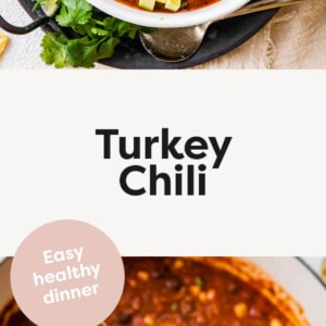 Bowl of Turkey Chili topped with cheese, sour cream, avocado, cilantro and chips. Photo below is of a pot of turkey chili and a close up of a ladle of chili.