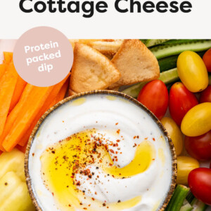 Whipped cottage cheese dip served with pita chips and veggies.