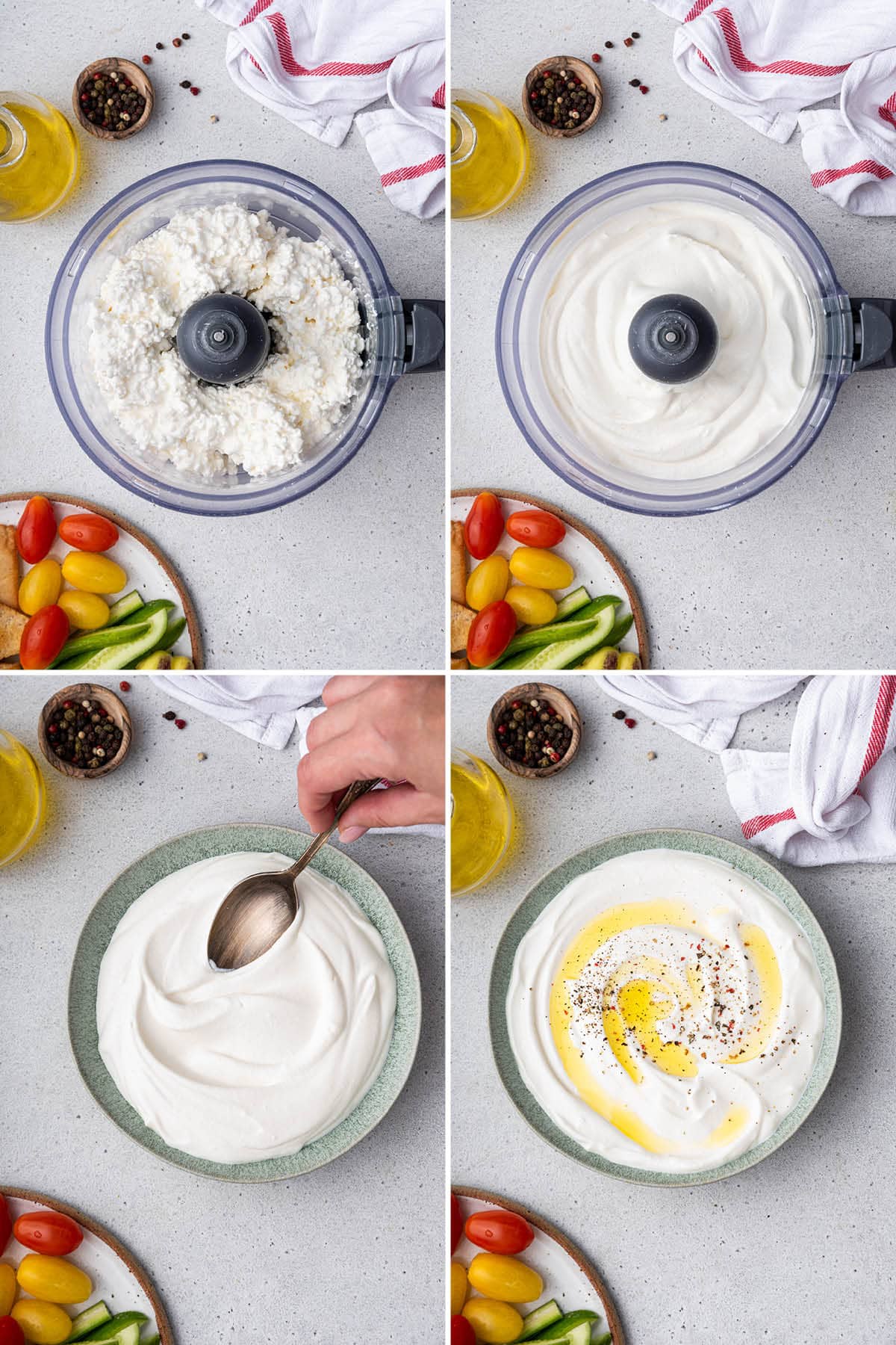 Collage of four photos showing the steps to make and serve Whipped Cottage Cheese: whipping the cottage cheese in a food processor, and adding to a bowl topped with red pepper and olive oil.