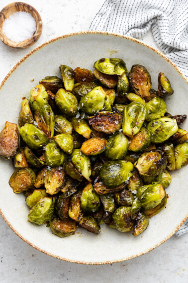 Roasted balsamic Brussels sprouts on a large plate.