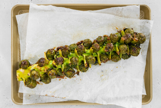 Roasted brussels sprouts on the stalk on parchment paper on a baking tray after being roasted in the oven.
