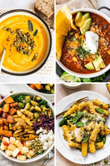 Collage of four photos: butternut squash soup, turkey chili, harvest bowl and pumpkin pasta.
