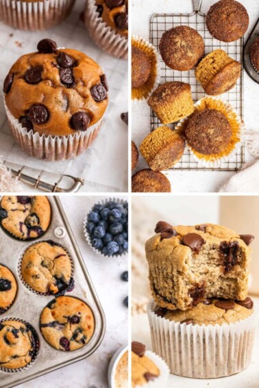 Collage of four muffin photos: protein muffins, sweet potato muffins, blueberry yogurt muffins and banana blender muffins.