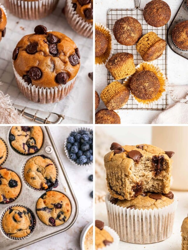 Collage of four muffin photos: protein muffins, sweet potato muffins, blueberry yogurt muffins and banana blender muffins.