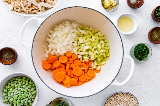 Ingredients for turkey soup, including carrots, celery, and onions in a large pot.