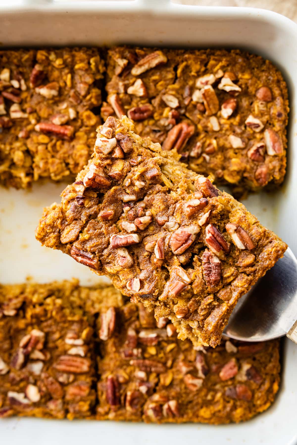 A spatula holding a serving of pumpkin baked oatmeal over a baking dish with the rest of the pumpkin baked oatmeal.