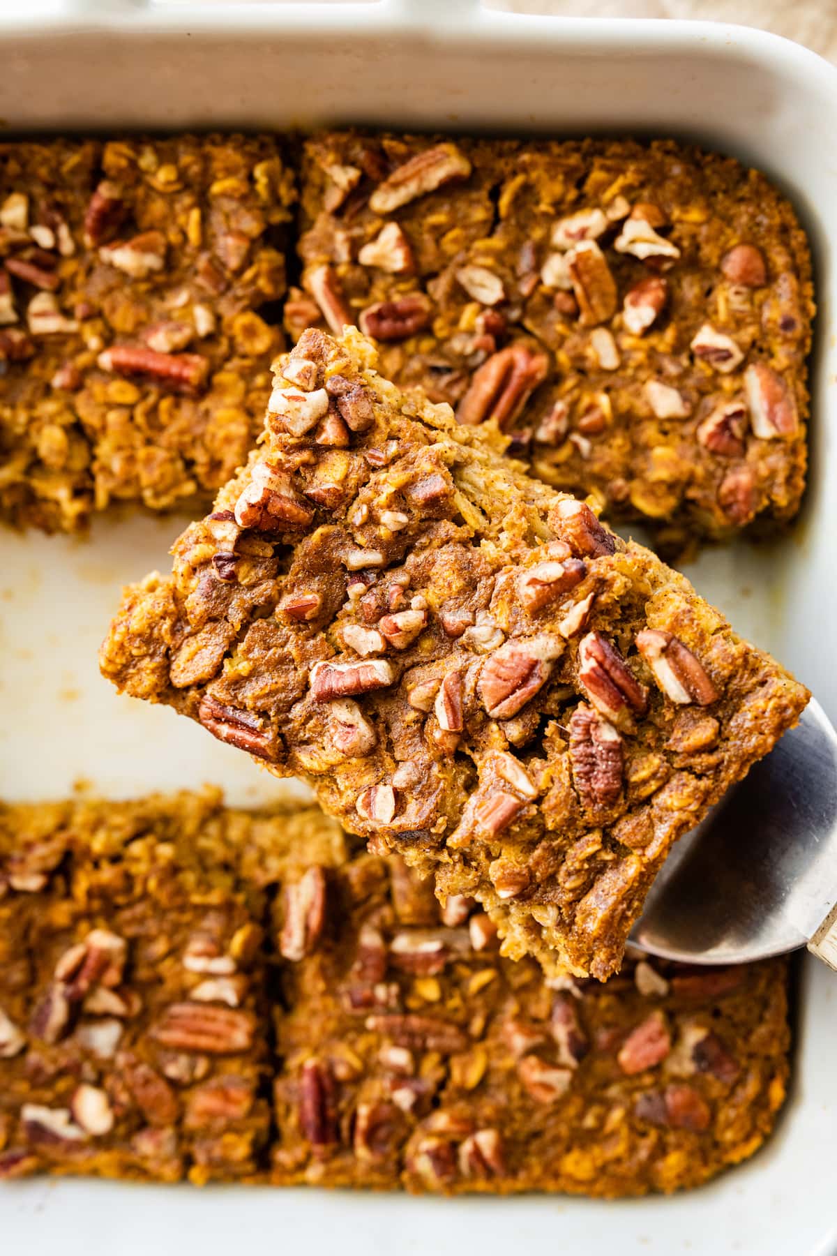 A spatula holding a serving of pumpkin baked oatmeal over a baking dish with the rest of the pumpkin baked oatmeal.