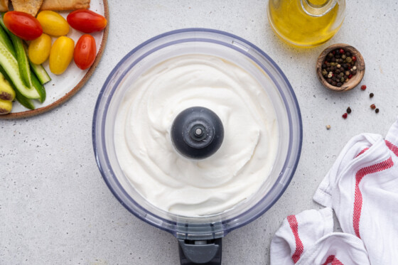 Cottage cheese after being blended smoothly, or whipped, in a food processor.