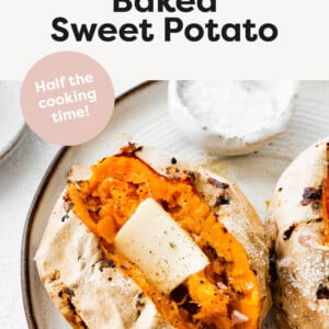 Air Fryer Baked Sweet Potatoes on a pate topped with salt and butter.