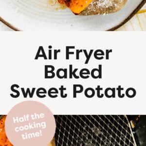 Air Fryer Baked Sweet Potatoes on a plate and in an air fryer basket topped with butter.