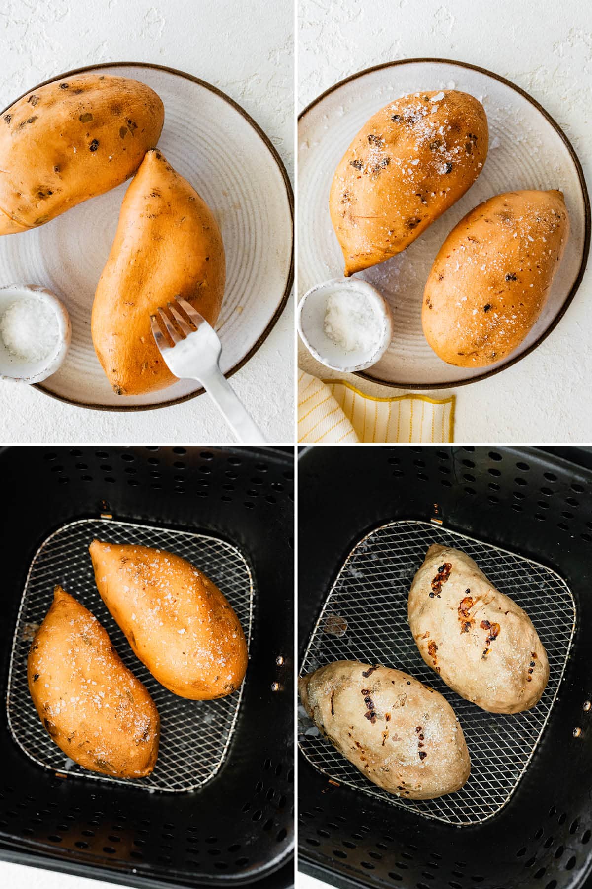 Four photos showing the steps to make Air Fryer Baked Sweet Potato: poking holes in sweet potatoes with a fork, sprinkling with coarse sea salt, and then air frying in an air fryer basket.