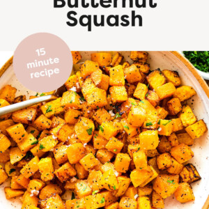 Cubes of Air Fryer Butternut Squash in a serving bowl.