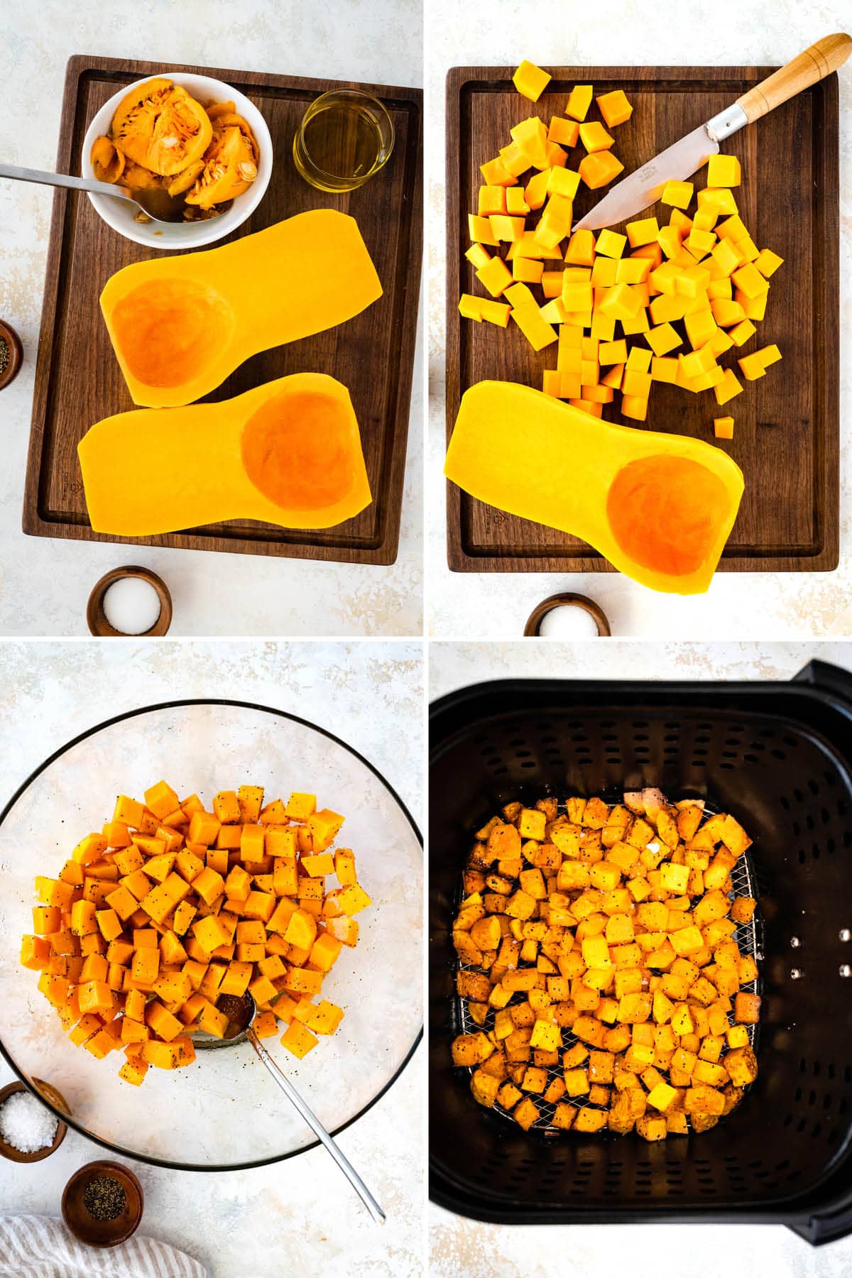 Four photos showing the steps to make Air Fryer Butternut Squash: scooping seeds out of the squash, cutting into cubes, tossing with oil, salt and pepper and then cooking in an air fryer basket.