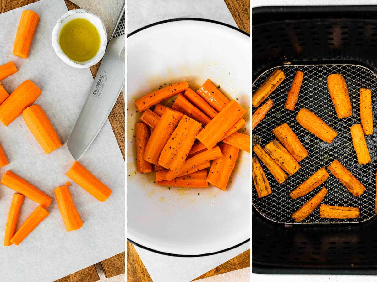 Three photos showing the steps to make Air Fryer Carrots: chopping carrots, tossing carrots with oil, salt and pepper, and then the carrots cooked in an air fryer basket.
